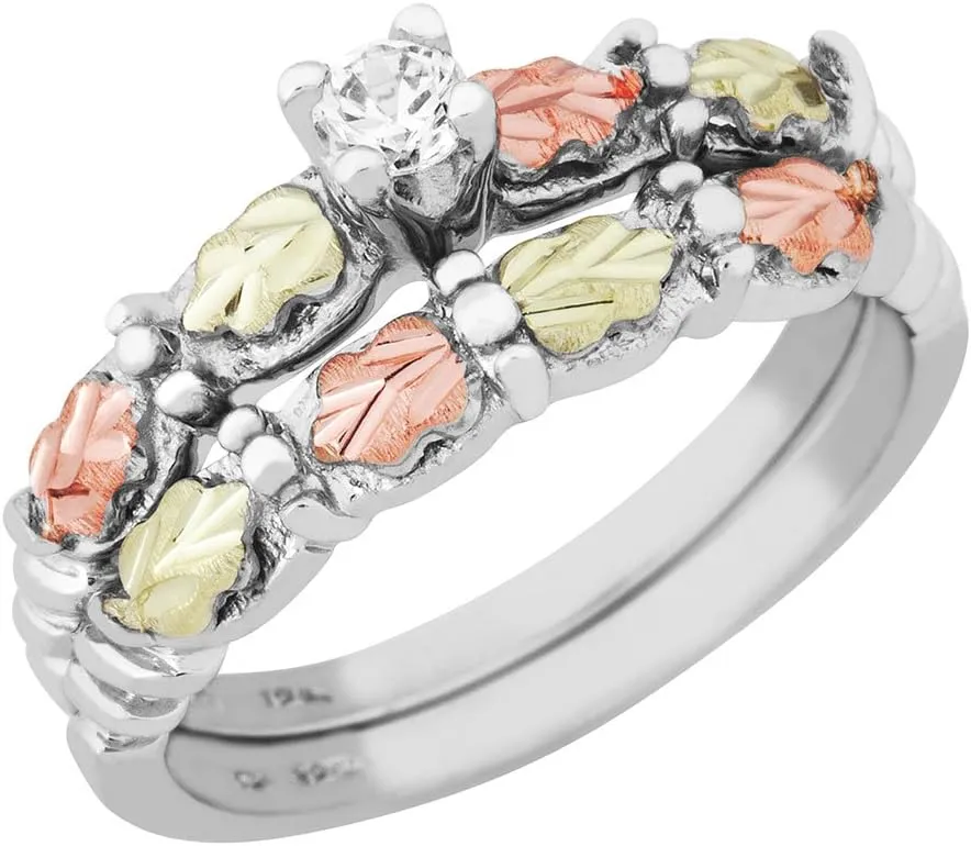 CZ Wedding and Engagement Ring Set, Sterling Silver, 12k Green and Rose Gold Black Hills Gold Motif