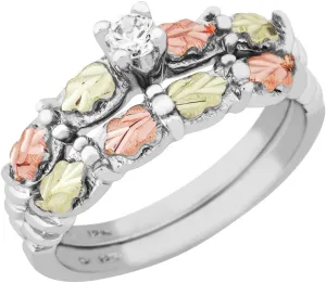 CZ Wedding and Engagement Ring Set, Sterling Silver, 12k Green and Rose Gold Black Hills Gold Motif