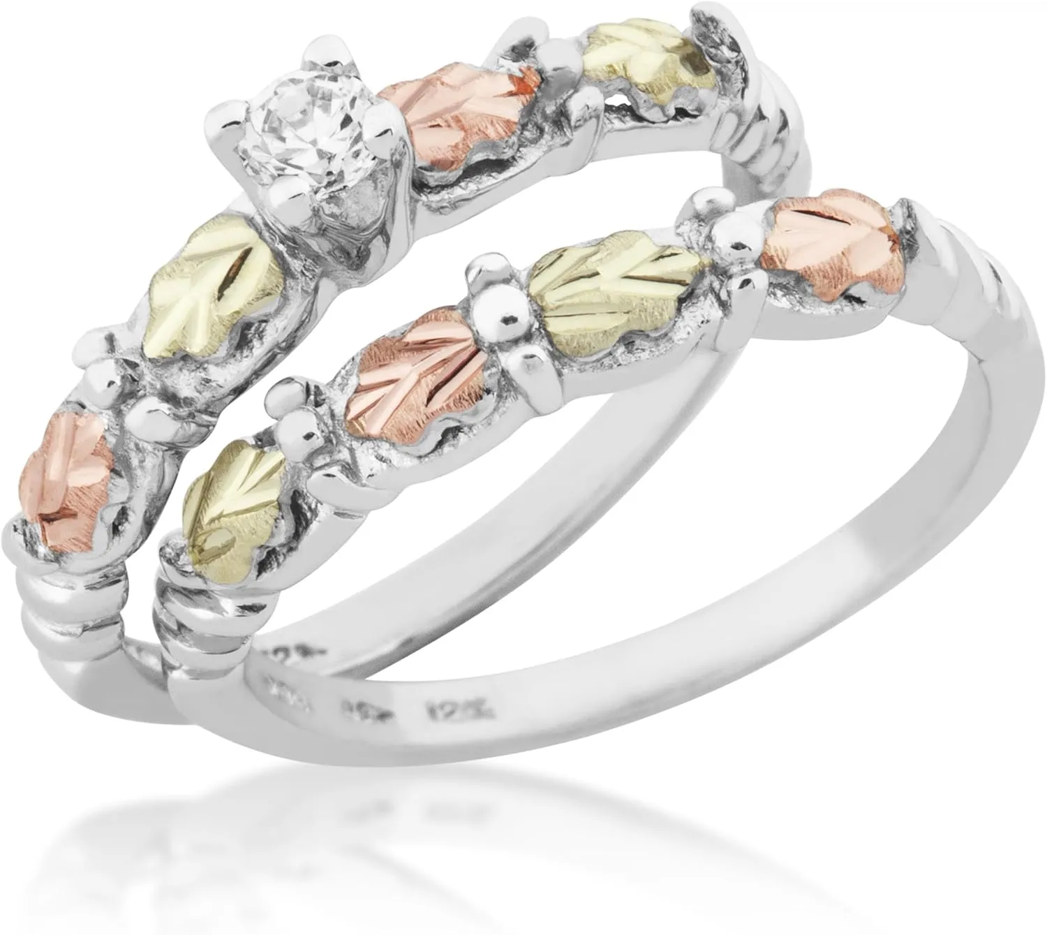 CZ Wedding and Engagement Ring Set, Sterling Silver, 12k Green and Rose Gold Black Hills Gold Motif