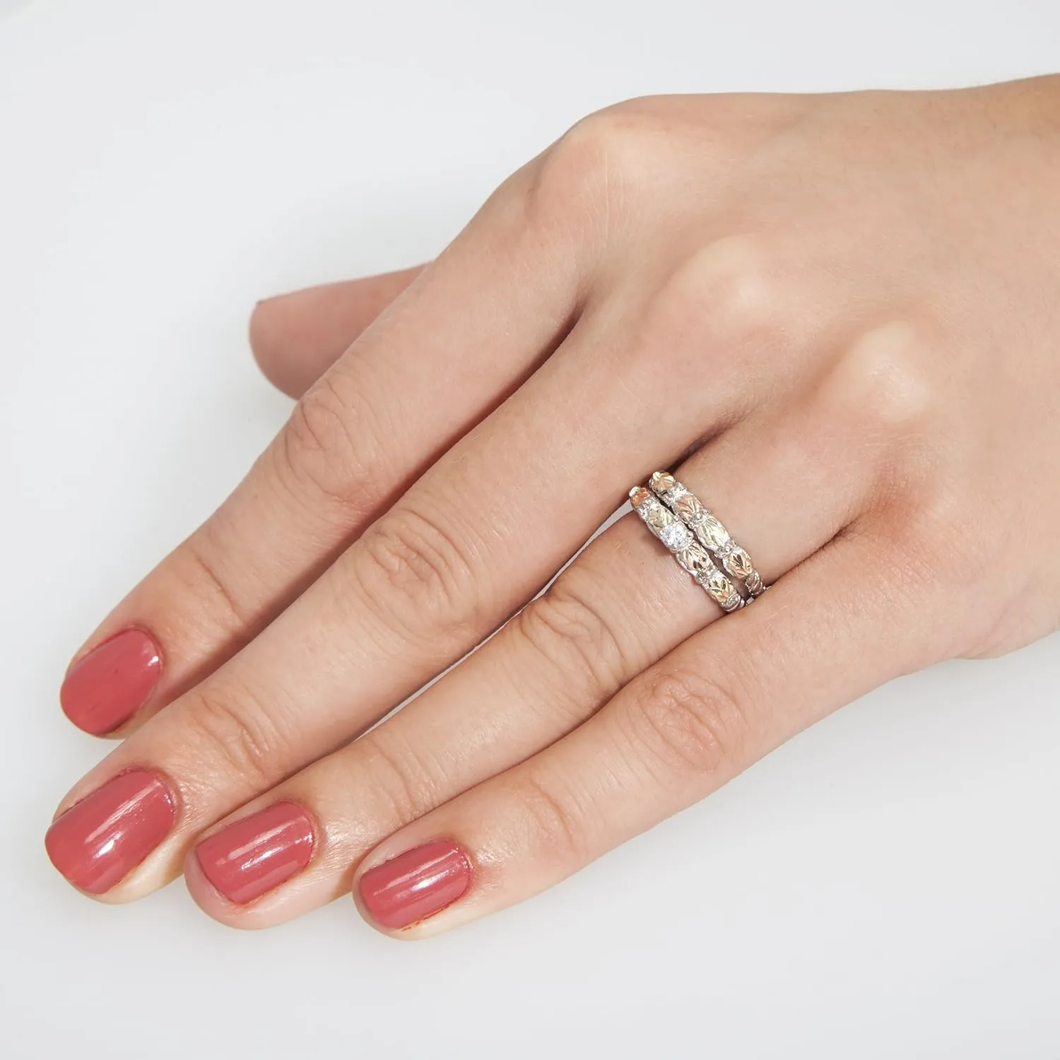 CZ Wedding and Engagement Ring Set, Sterling Silver, 12k Green and Rose Gold Black Hills Gold Motif