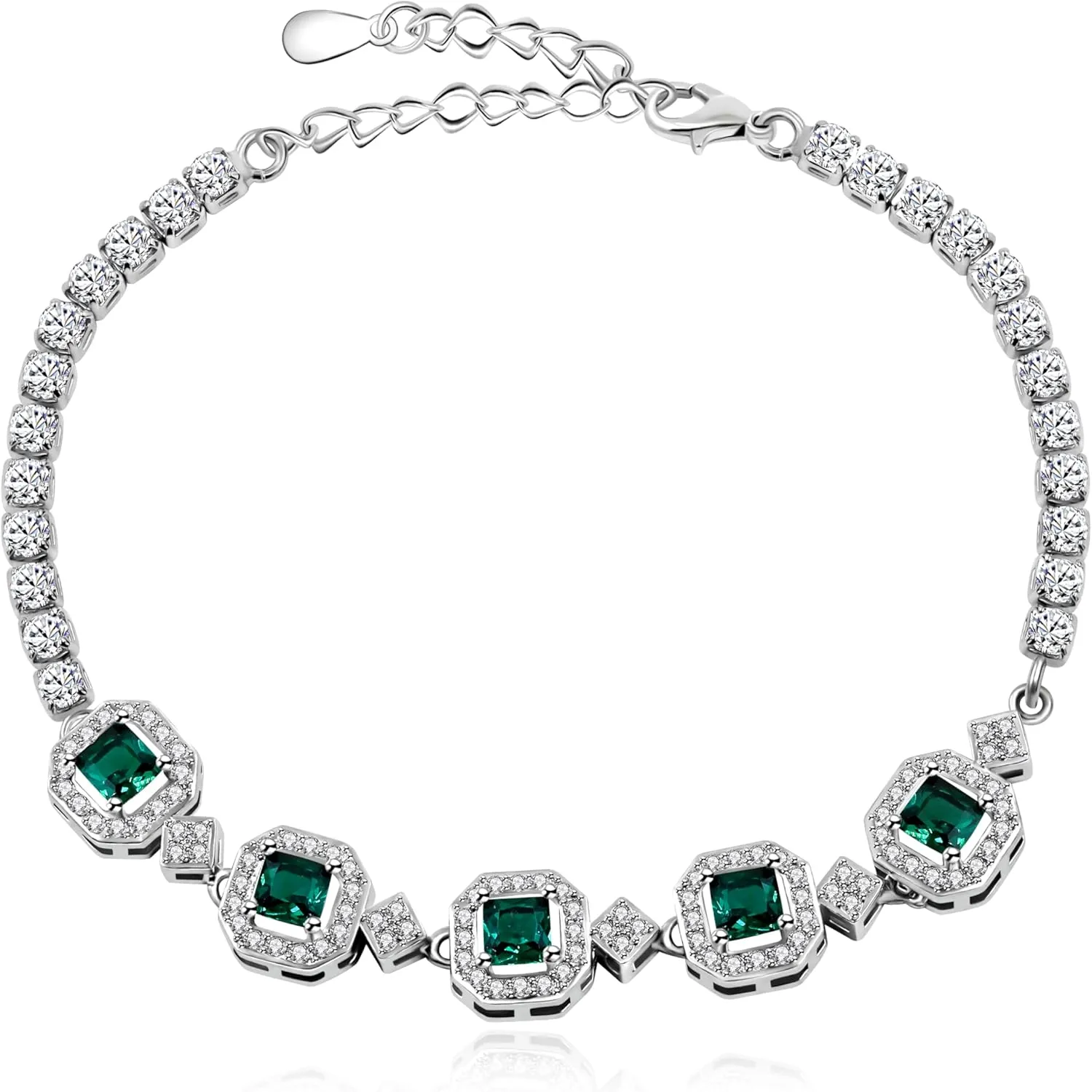 Dainty 5 Birthstone Bracelet Square & Round Cubic Zirconia Adjustable Tennis Bolo Bracelets for Women