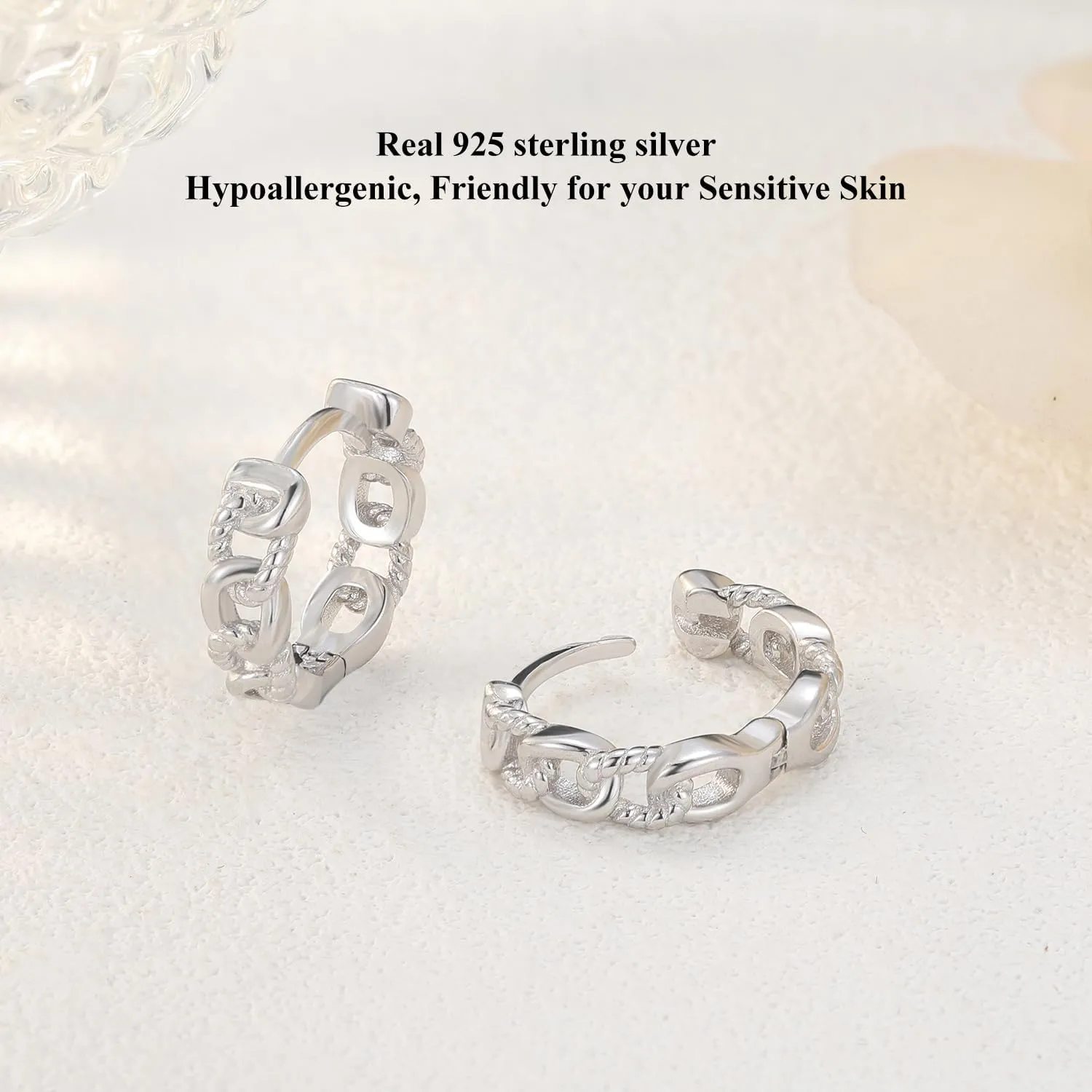 Dainty Chain Link Hoop Earrings for Women, Sterling Silver Simple Curb Huggie Earrings, Hypoallergenic Jewelry Gift for Her
