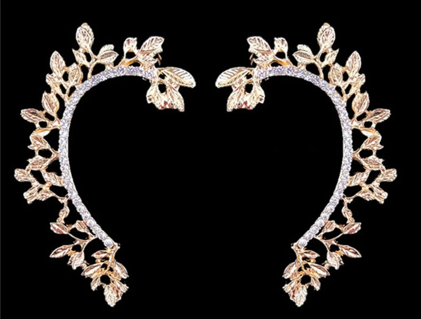 Dainty Crystal Leaf Climber Ear Cuffs - Gold Earrings for Women