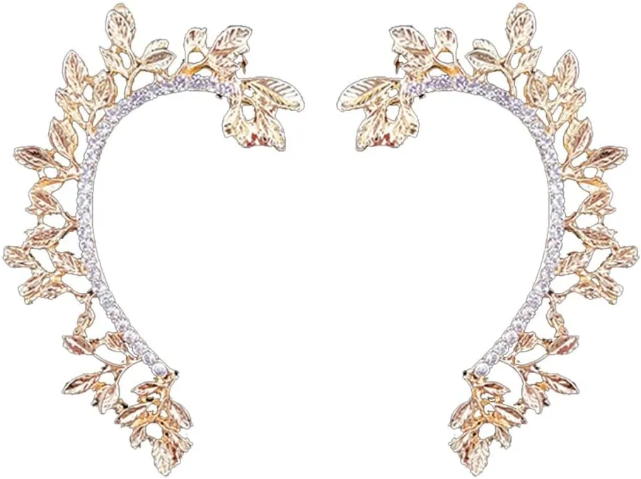 Dainty Crystal Leaf Climber Ear Cuffs - Gold Earrings for Women