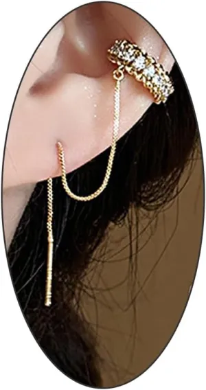 Dainty Gold Crystal Ear Cuff Earrings for Women,Sparkly Geometric Cubic Zirconia Long Chain Ear Wrap Dangle Earrings,Trendy Statement Jewelry Gifts