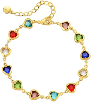 Dainty Heart Colorful Cubic Zirconia Bracelets for Women Cute Gold Plated Candy Hearted Love Charm Friendship Link Bracelet Adjustable Chain Fashion Trendy Jewelry 8"