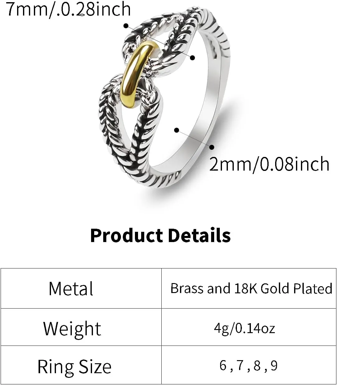 Designer Inspired Two Tone Crossover Band Ring 18K Gold Plated Twisted Eternity Cable Rings for Women Gift