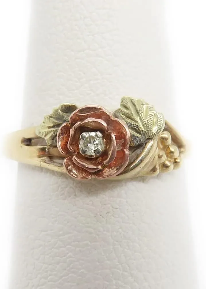 Diamond Rose and Grape Cluster Ring, 10k Yellow Gold, 12k Pink and Green Black Hills Gold (.03 Ct)