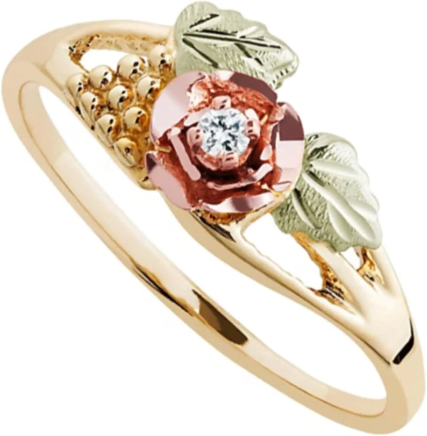 Diamond Rose and Grape Cluster Ring, 10k Yellow Gold, 12k Pink and Green Black Hills Gold (.03 Ct)