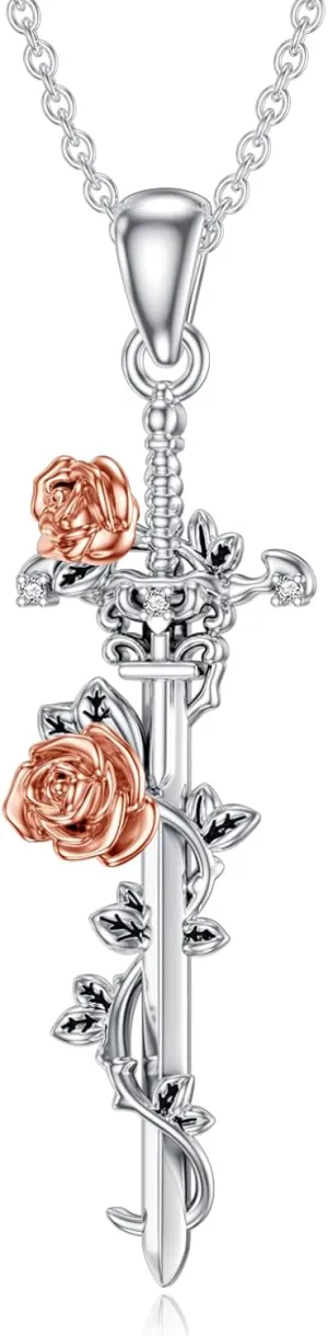 Diamond Rose Sword Necklace 925 Sterling Silver Rose Sword Pendant Necklace Jewelry Gifts for Women Wife Girlfriend