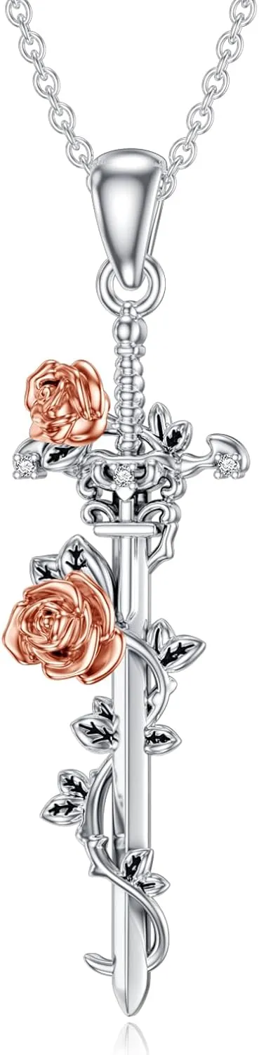 Diamond Rose Sword Necklace 925 Sterling Silver Rose Sword Pendant Necklace Jewelry Gifts for Women Wife Girlfriend