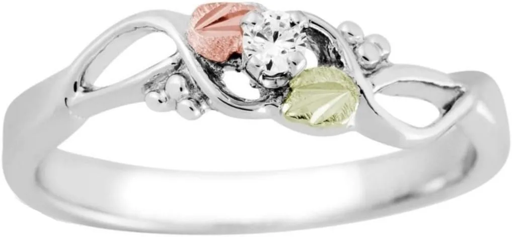 Diamond with Leaf Ring, Sterling Silver, 12k Green and Rose Gold Black Hills Gold Motif (.05 Ctw)