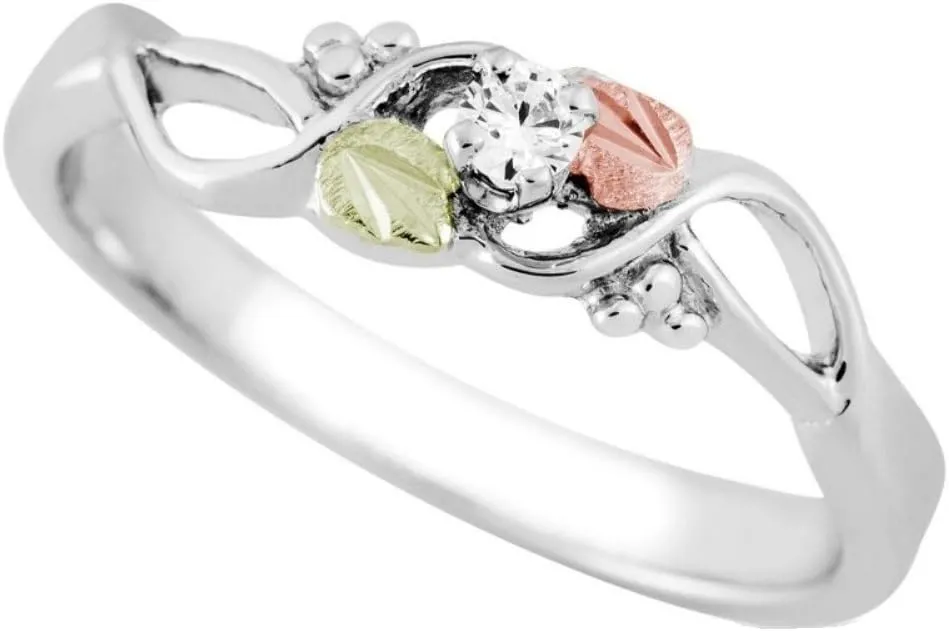 Diamond with Leaf Ring, Sterling Silver, 12k Green and Rose Gold Black Hills Gold Motif (.05 Ctw)