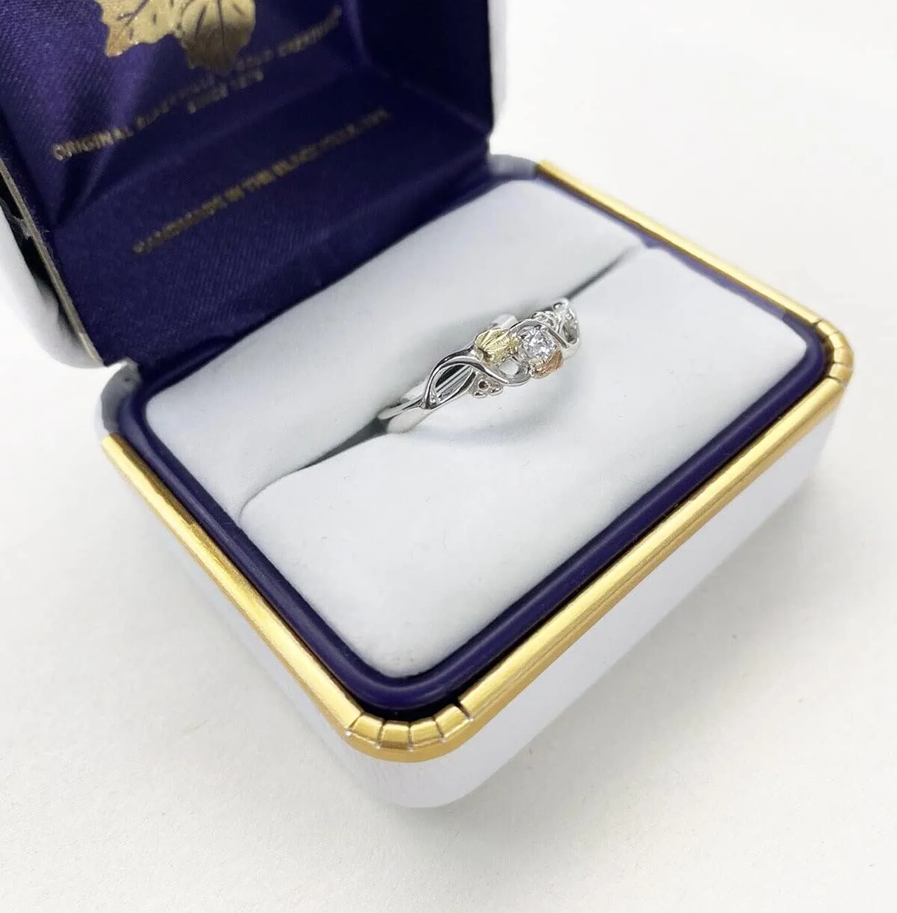 Diamond with Leaf Ring, Sterling Silver, 12k Green and Rose Gold Black Hills Gold Motif (.05 Ctw)