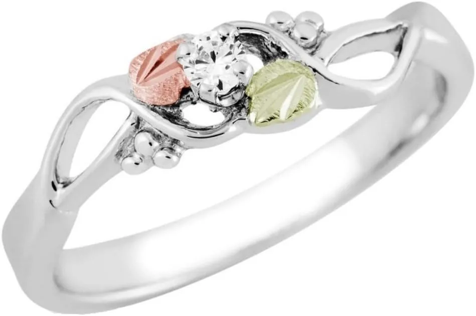Diamond with Leaf Ring, Sterling Silver, 12k Green and Rose Gold Black Hills Gold Motif (.05 Ctw)