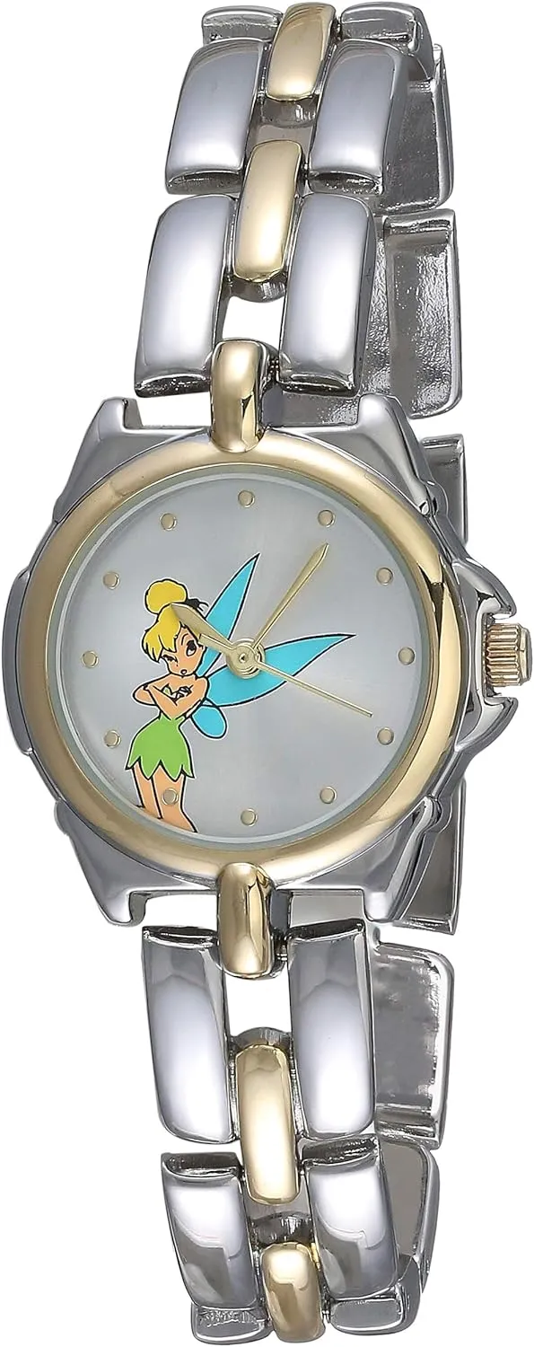 Disney Tinker Bell Kids Watch with Silver Metal Bracelet, Gold Link Accents, Sunray Silver Dial and Printed Tink Artwork, Analog Display, Fits Wrists 5.5" to 8"