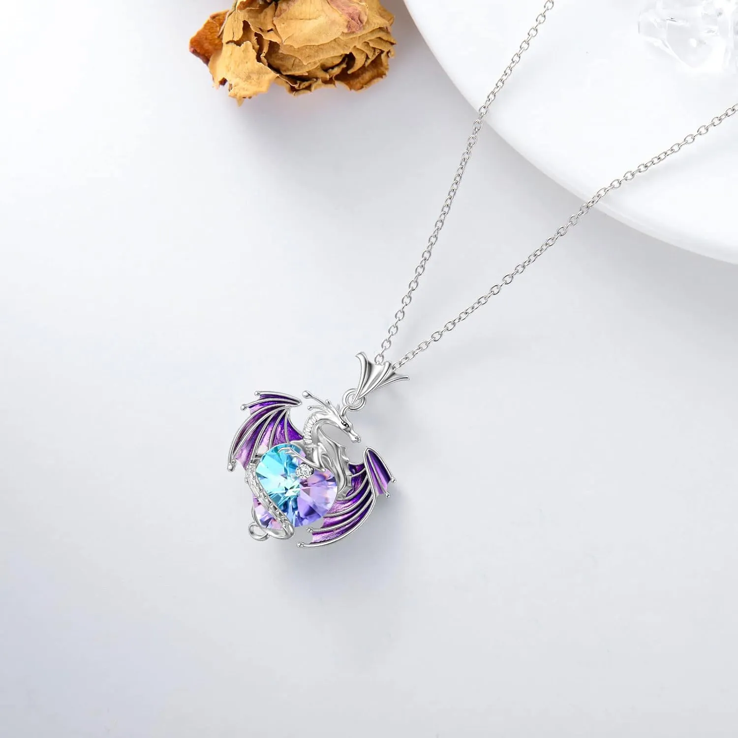 Dragon Necklace Sterling Silver Birthstone Wyvern Necklace with Heart Shaped Crystal Jewelry Gift for Women