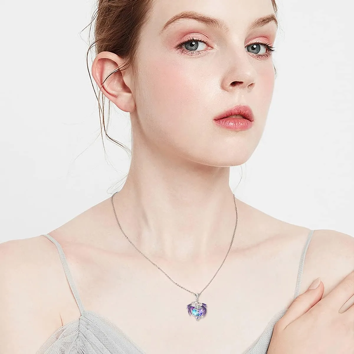 Dragon Necklace Sterling Silver Birthstone Wyvern Necklace with Heart Shaped Crystal Jewelry Gift for Women