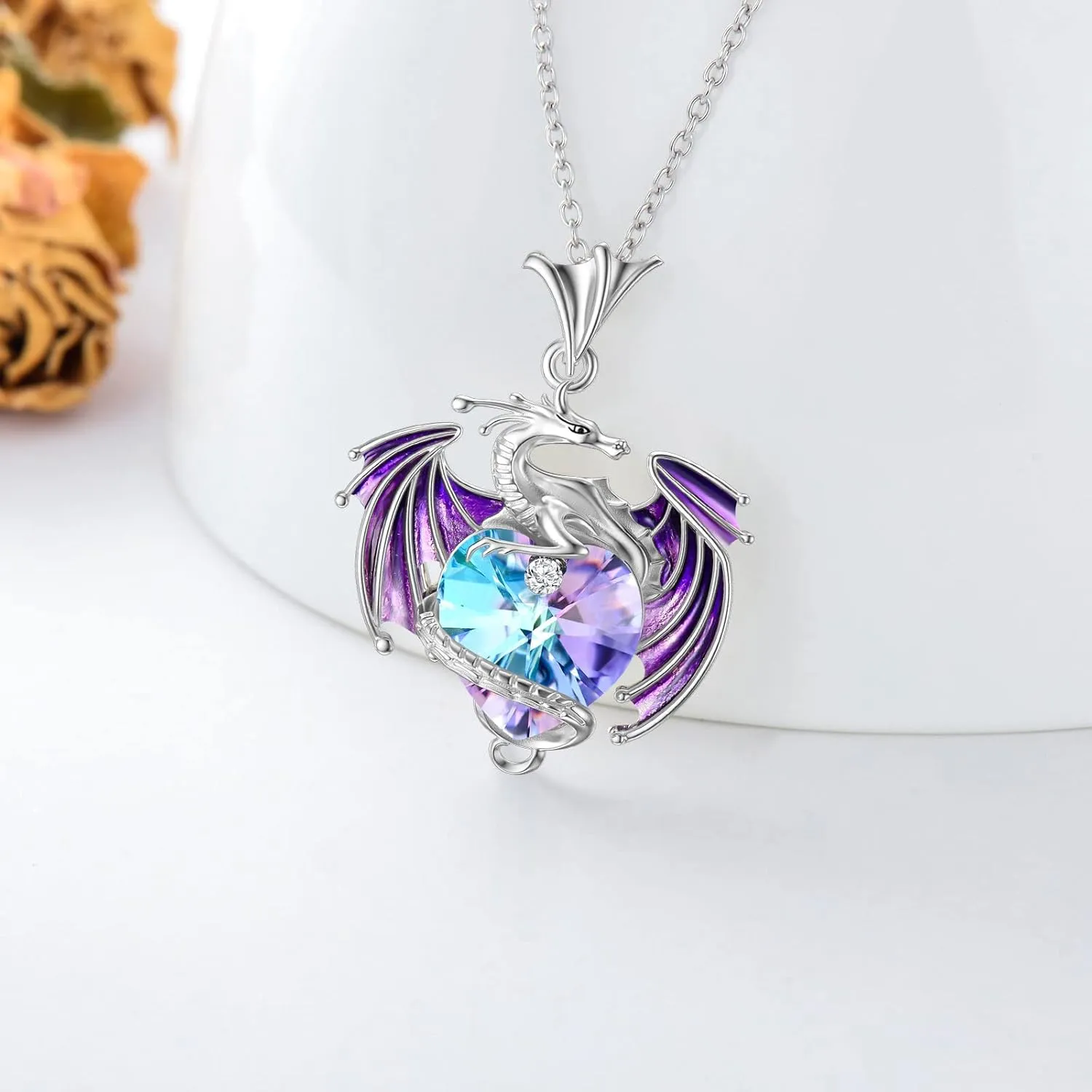 Dragon Necklace Sterling Silver Birthstone Wyvern Necklace with Heart Shaped Crystal Jewelry Gift for Women