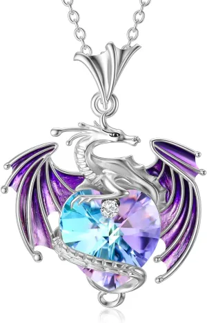 Dragon Necklace Sterling Silver Birthstone Wyvern Necklace with Heart Shaped Crystal Jewelry Gift for Women