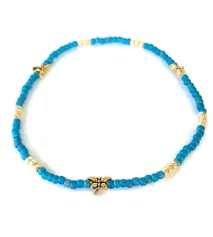 Dragonfly stretch anklet. Teal and gold ankle bracelet. Seed bead anklet with dragonfly beads.