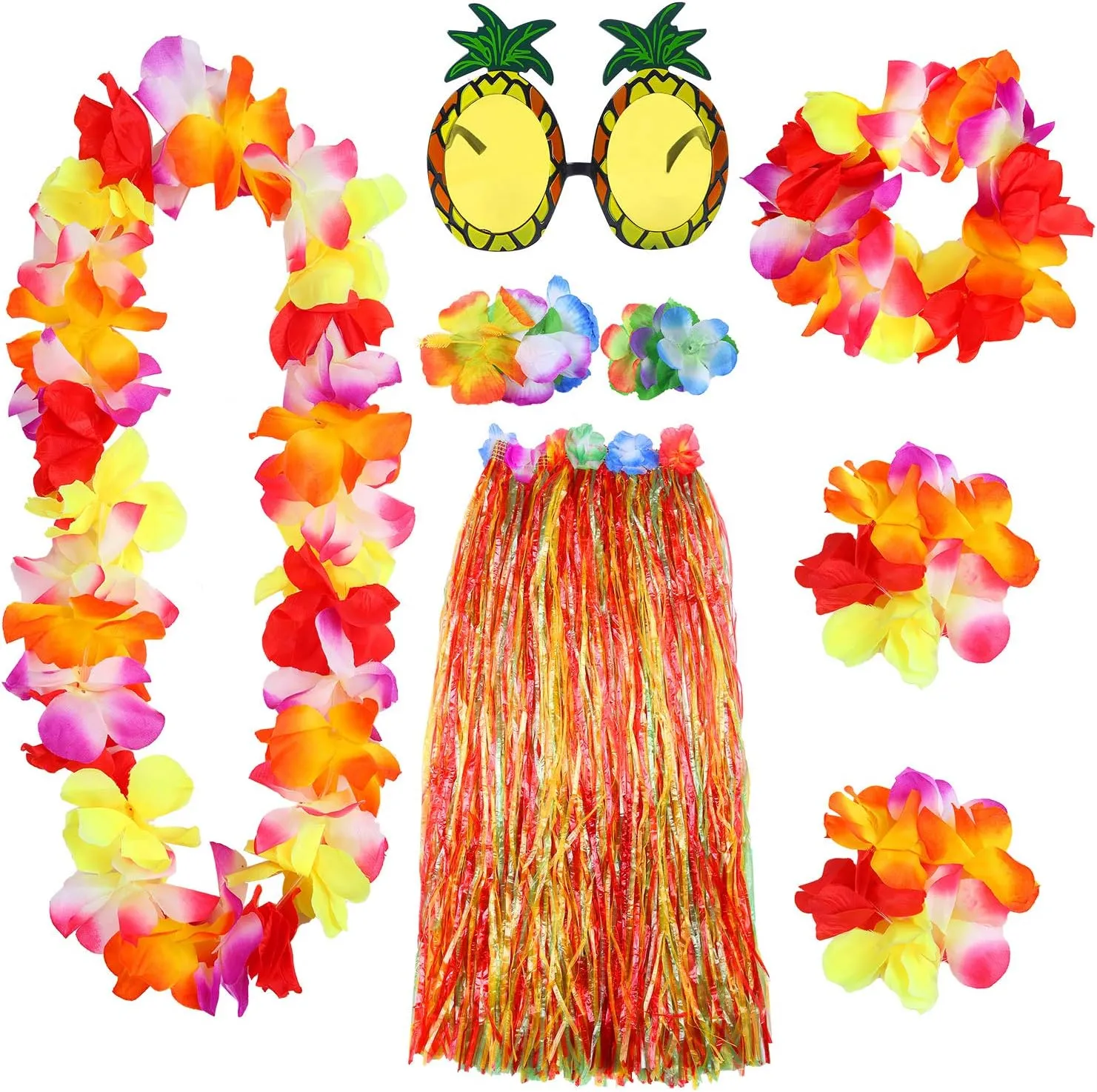 Elcoho 8 Pieces Grass Skirt Sunglasses Leis Necklace Bracelet Set Luau Decorations for Kids and Adults