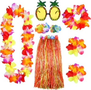 Elcoho 8 Pieces Grass Skirt Sunglasses Leis Necklace Bracelet Set Luau Decorations for Kids and Adults