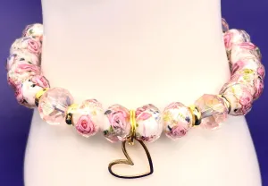 Elegant Floral Women's Beaded Stretch Bracelet 9-10MM White and Pink Rose Glass Bead and Sparkling Crystals 18K Gold Open Heart Charm Gift Giving for Any Occasion Promotes Successfulness