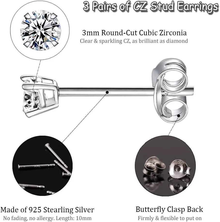 EPIRORA Sterling Silver Stud Earrings for Women Men- 3 Pairs 3mm Tiny Ball Stud Earrings Round CZ Earrings Pearl Earrings Set Cartilage Small Tragus Earrings