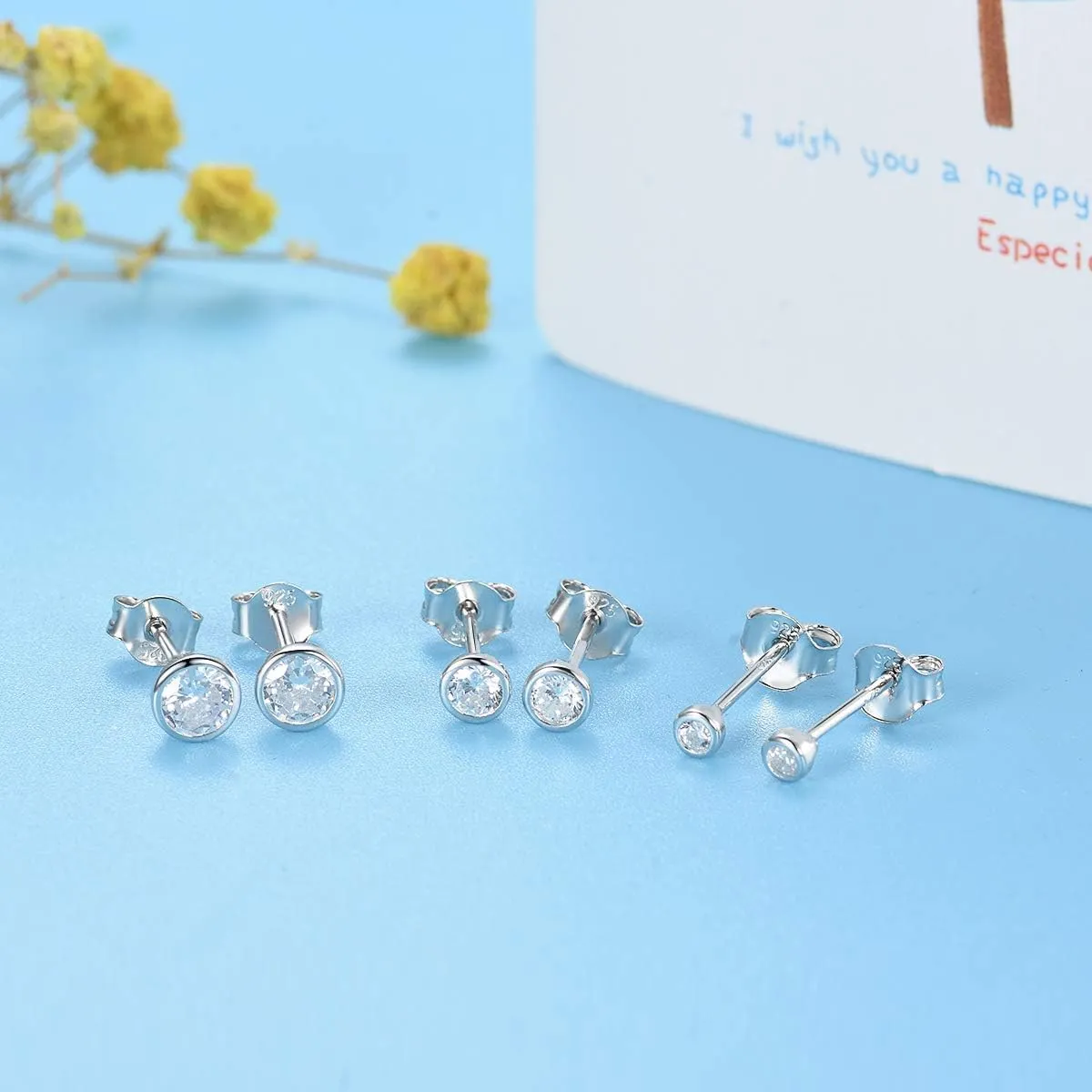 EPIRORA Sterling Silver Stud Earrings for Women Men- 3 Pairs of Tiny Round Cubic Zirconia Earrings CZ Small Cartilage Tragus Earrings(2mm/3mm/4mm)