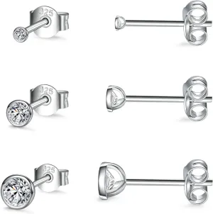 EPIRORA Sterling Silver Stud Earrings for Women Men- 3 Pairs of Tiny Round Cubic Zirconia Earrings CZ Small Cartilage Tragus Earrings(2mm/3mm/4mm)