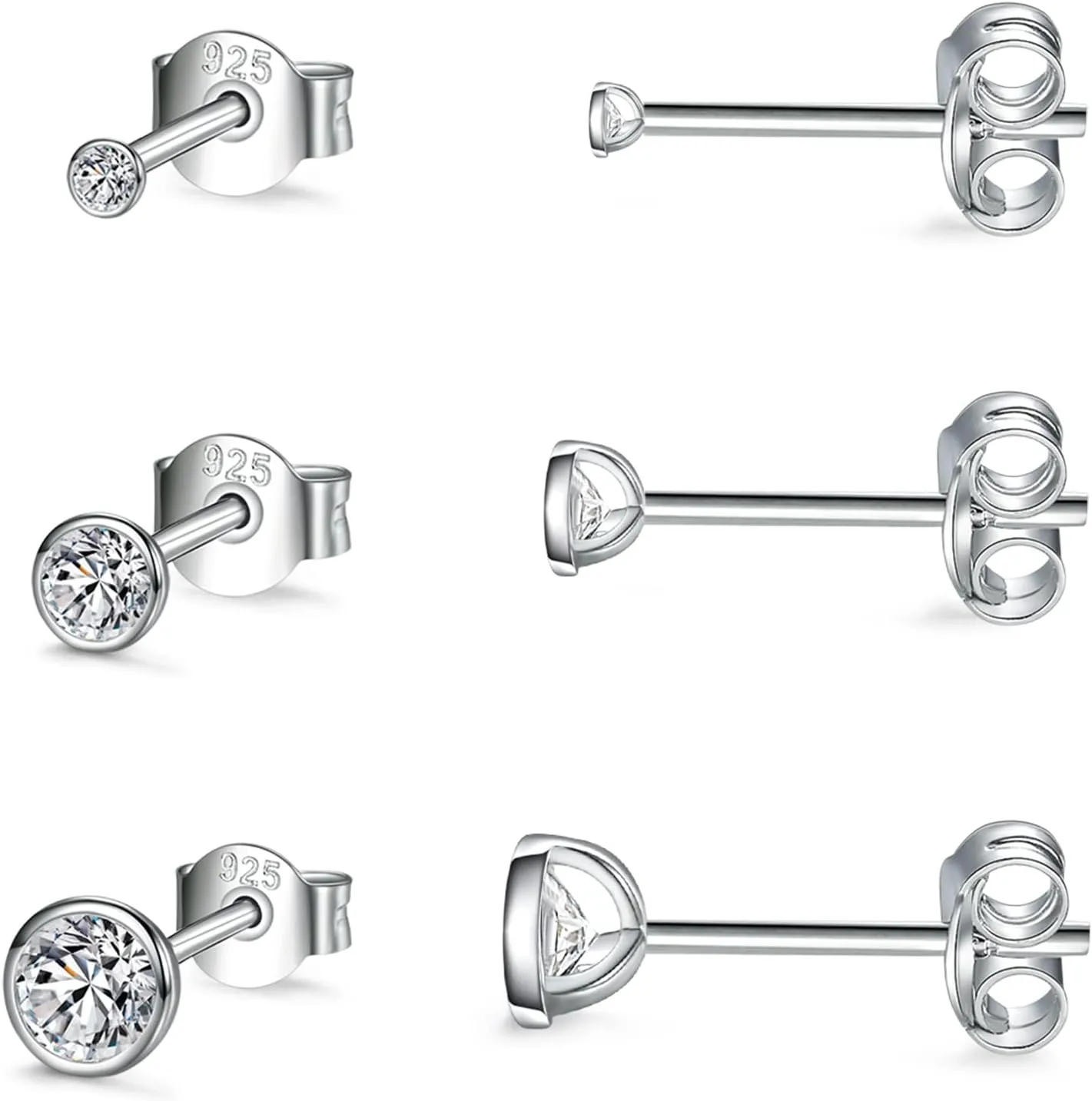 EPIRORA Sterling Silver Stud Earrings for Women Men- 3 Pairs of Tiny Round Cubic Zirconia Earrings CZ Small Cartilage Tragus Earrings(2mm/3mm/4mm)
