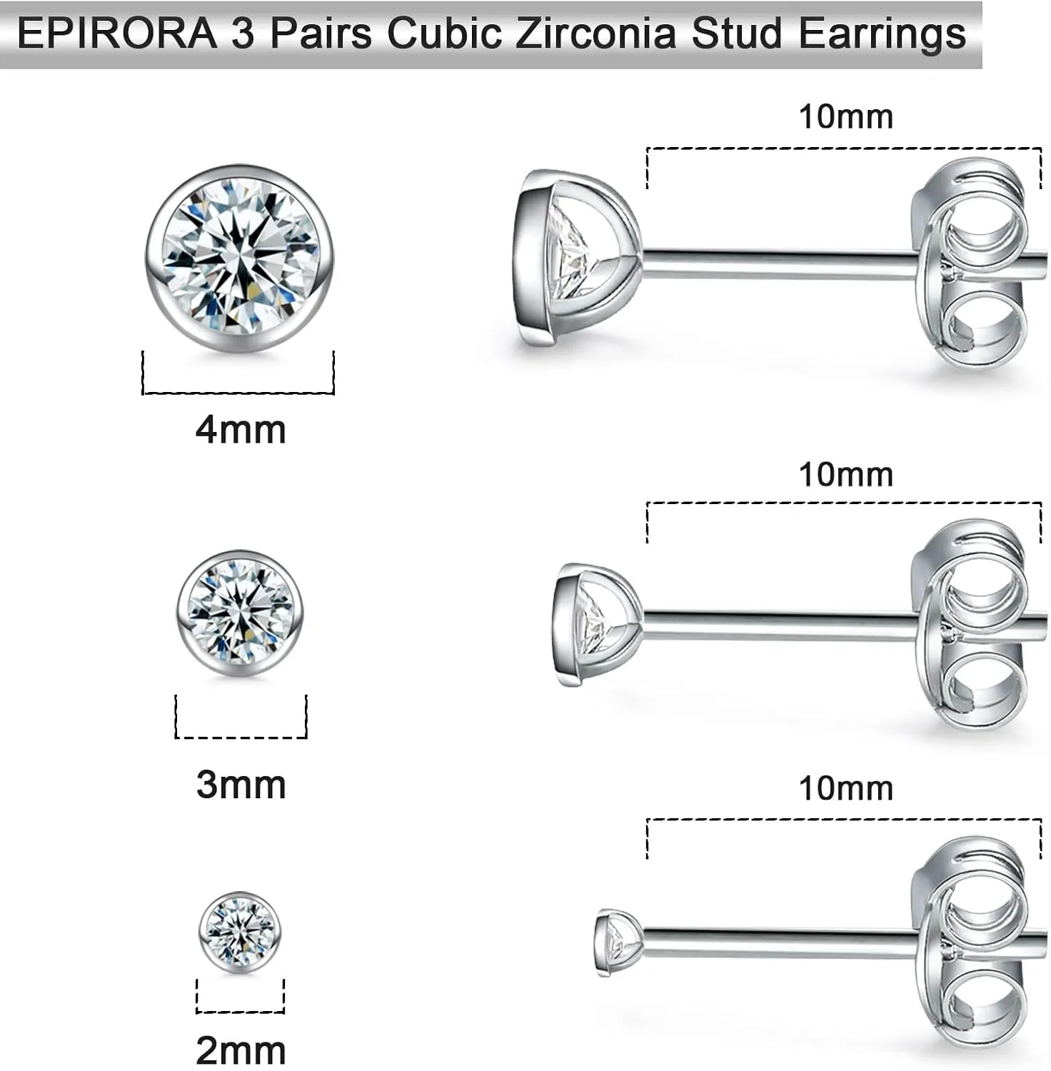 EPIRORA Sterling Silver Stud Earrings for Women Men- 3 Pairs of Tiny Round Cubic Zirconia Earrings CZ Small Cartilage Tragus Earrings(2mm/3mm/4mm)