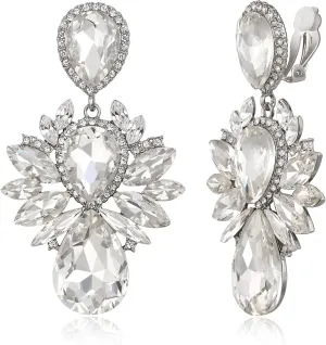 EVER FAITH Bridal Rhinestone Crystal Clip-on Dangle Earrings, Vintage Style Waterdrop Marquise Statement Drop Chandelier Earrings for Women