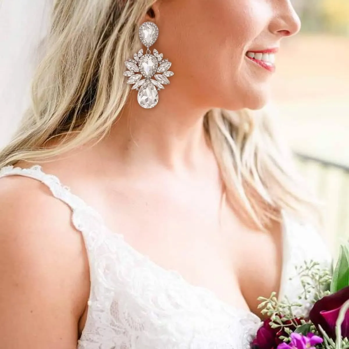 EVER FAITH Bridal Rhinestone Crystal Clip-on Dangle Earrings, Vintage Style Waterdrop Marquise Statement Drop Chandelier Earrings for Women