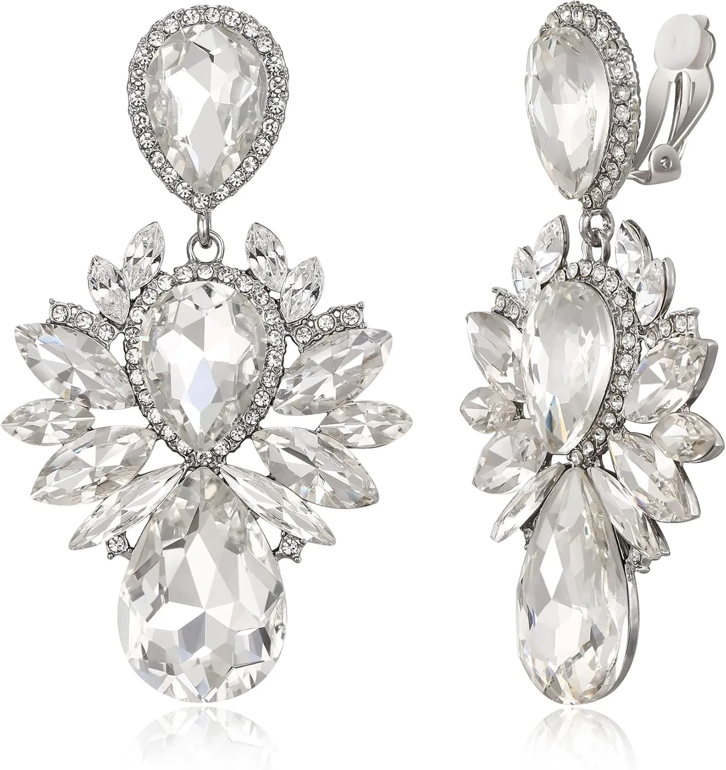 EVER FAITH Bridal Rhinestone Crystal Clip-on Dangle Earrings, Vintage Style Waterdrop Marquise Statement Drop Chandelier Earrings for Women