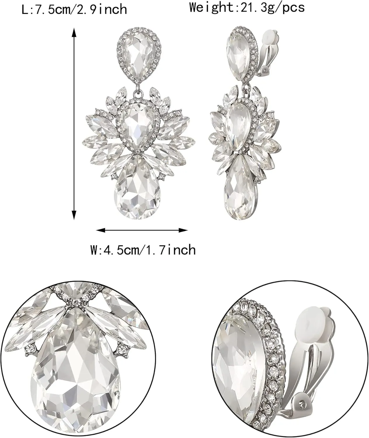 EVER FAITH Bridal Rhinestone Crystal Clip-on Dangle Earrings, Vintage Style Waterdrop Marquise Statement Drop Chandelier Earrings for Women