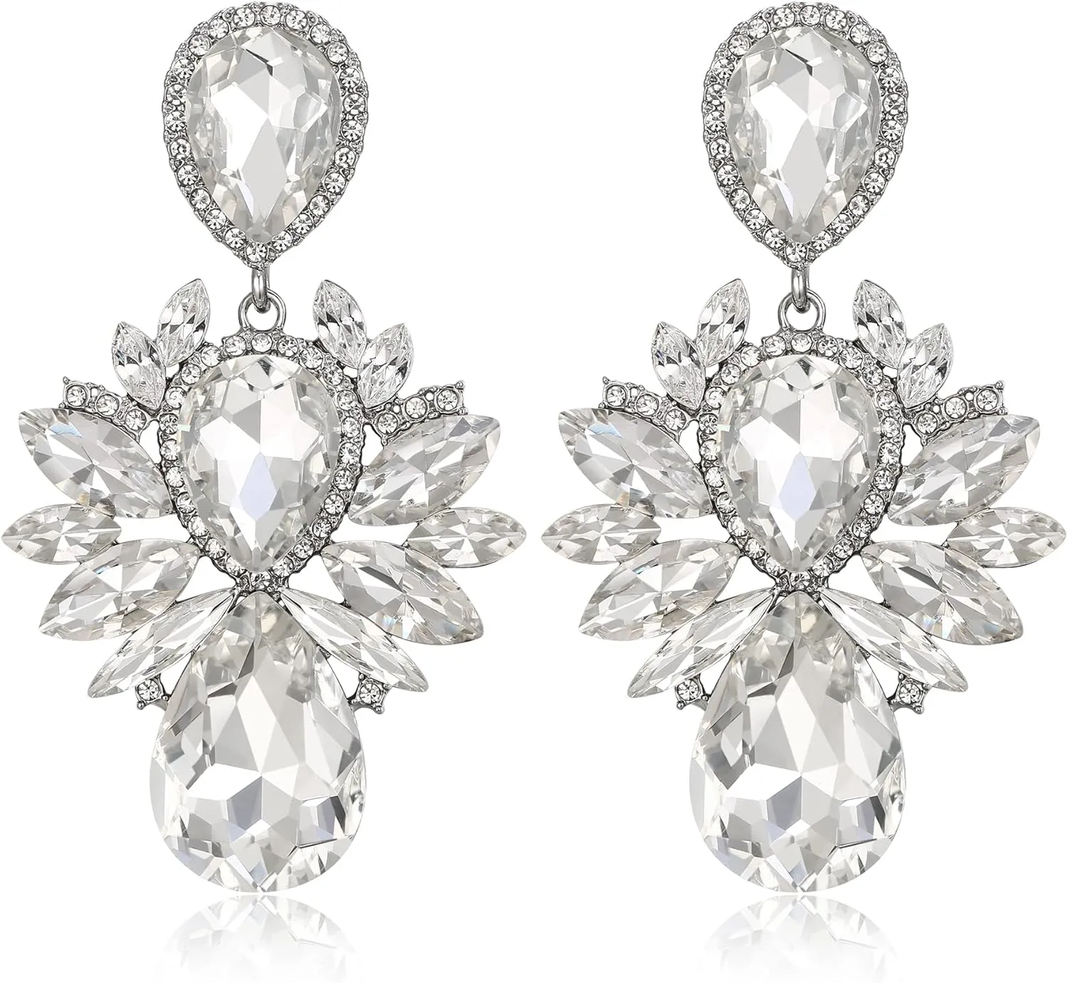 EVER FAITH Bridal Rhinestone Crystal Clip-on Dangle Earrings, Vintage Style Waterdrop Marquise Statement Drop Chandelier Earrings for Women