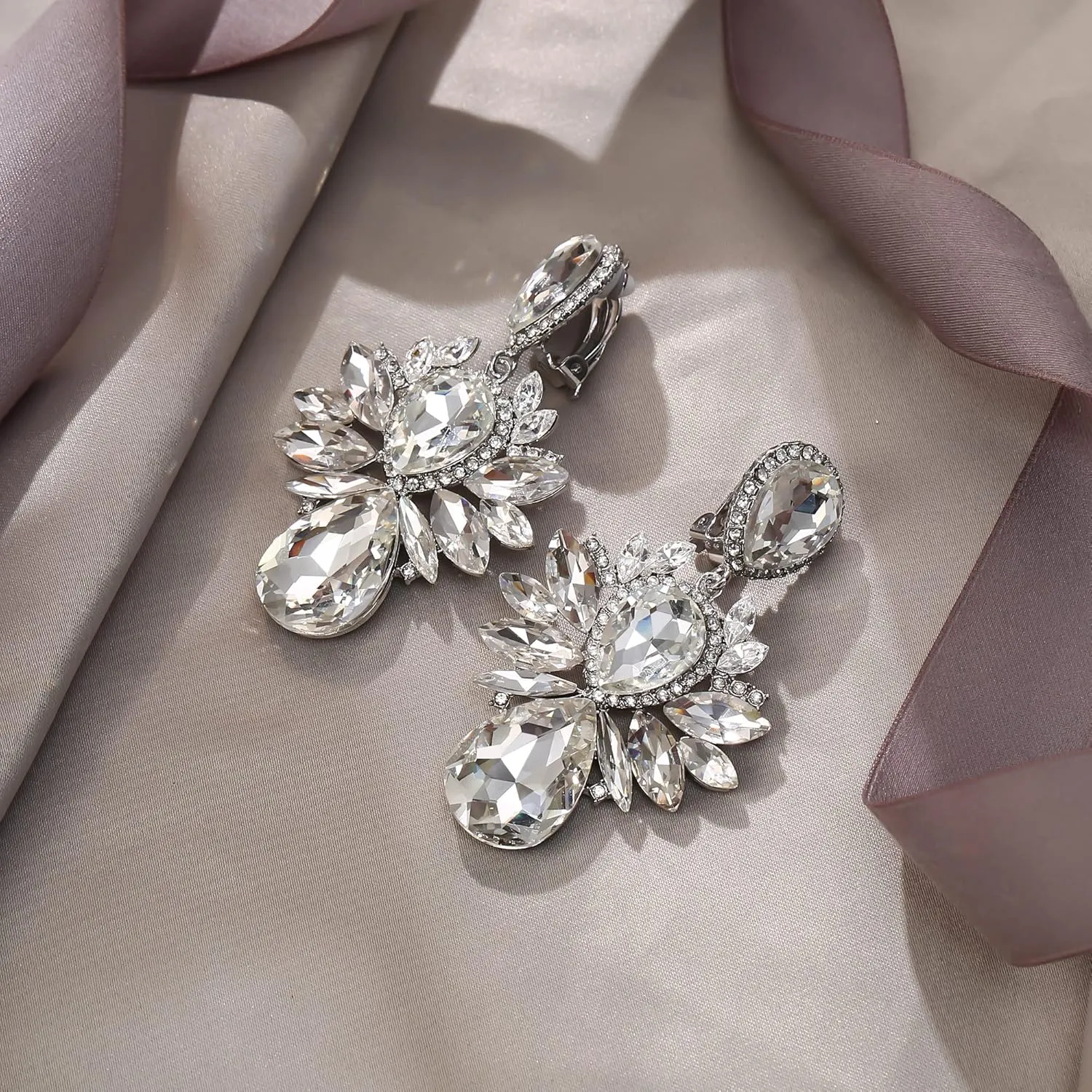 EVER FAITH Bridal Rhinestone Crystal Clip-on Dangle Earrings, Vintage Style Waterdrop Marquise Statement Drop Chandelier Earrings for Women