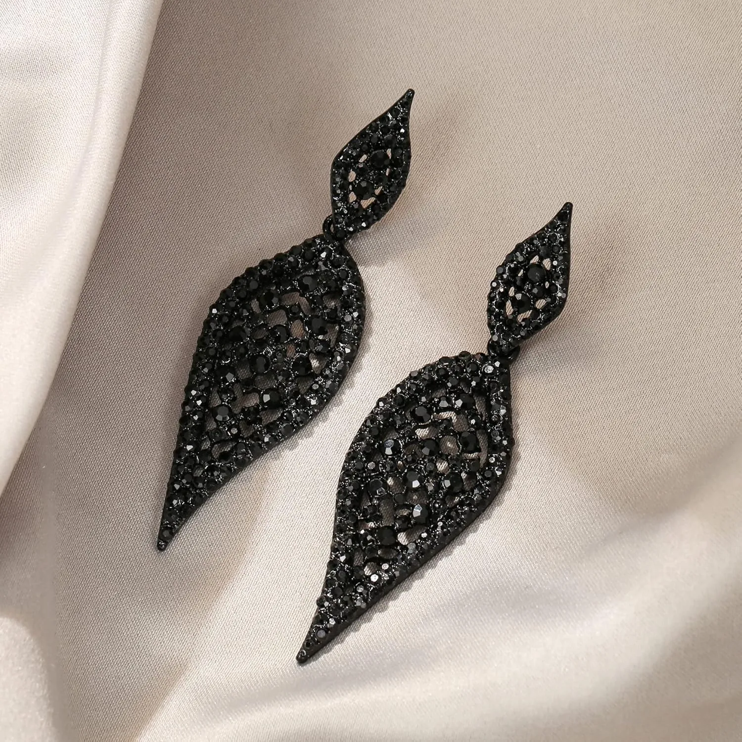 EVER FAITH Sparkly 2 Leaf Drop Hollow-out Crystal Chandelier Earrings Vintage Art Deco Dangle Cilp-on Earring for Women Black Black-Tone