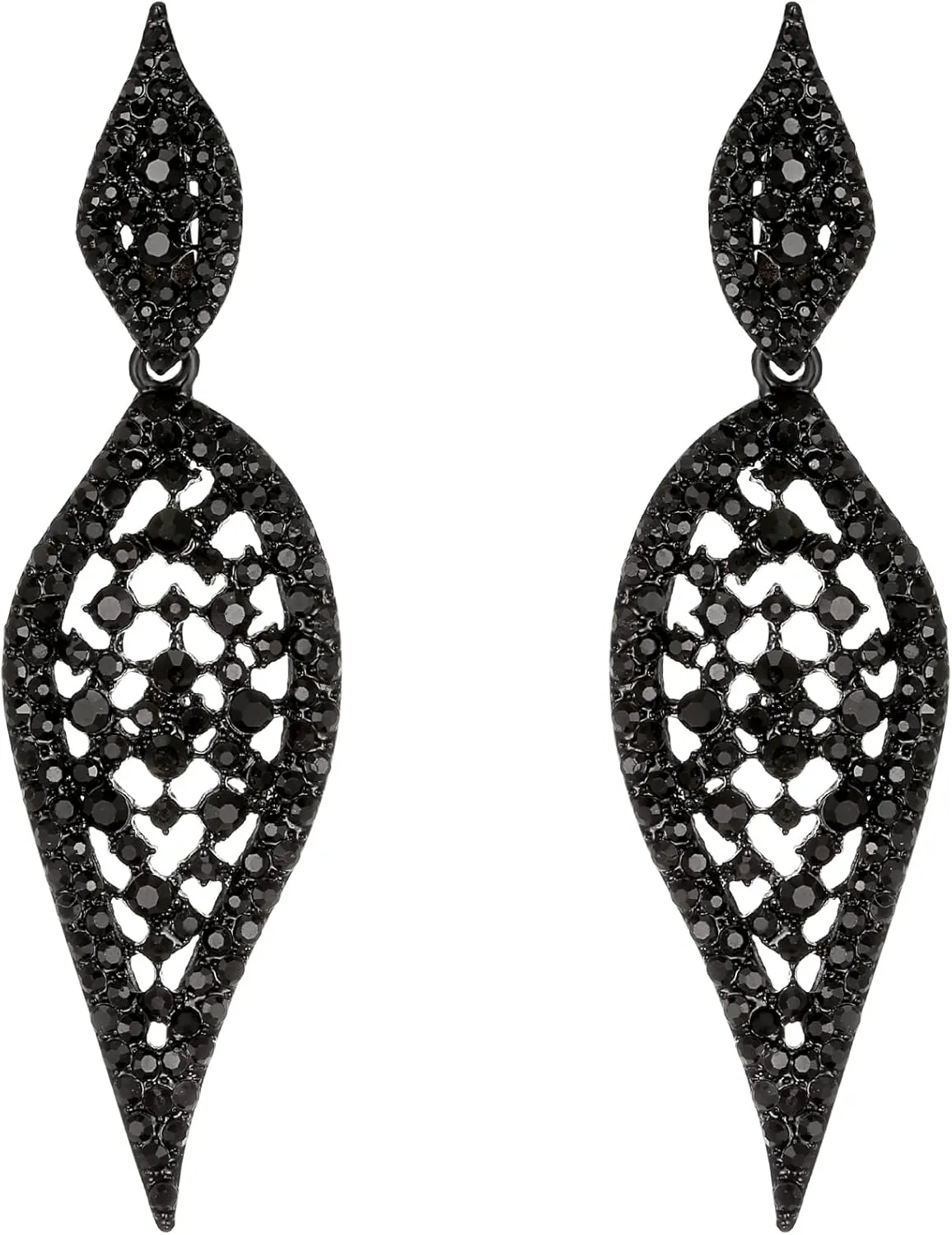 EVER FAITH Sparkly 2 Leaf Drop Hollow-out Crystal Chandelier Earrings Vintage Art Deco Dangle Cilp-on Earring for Women Black Black-Tone