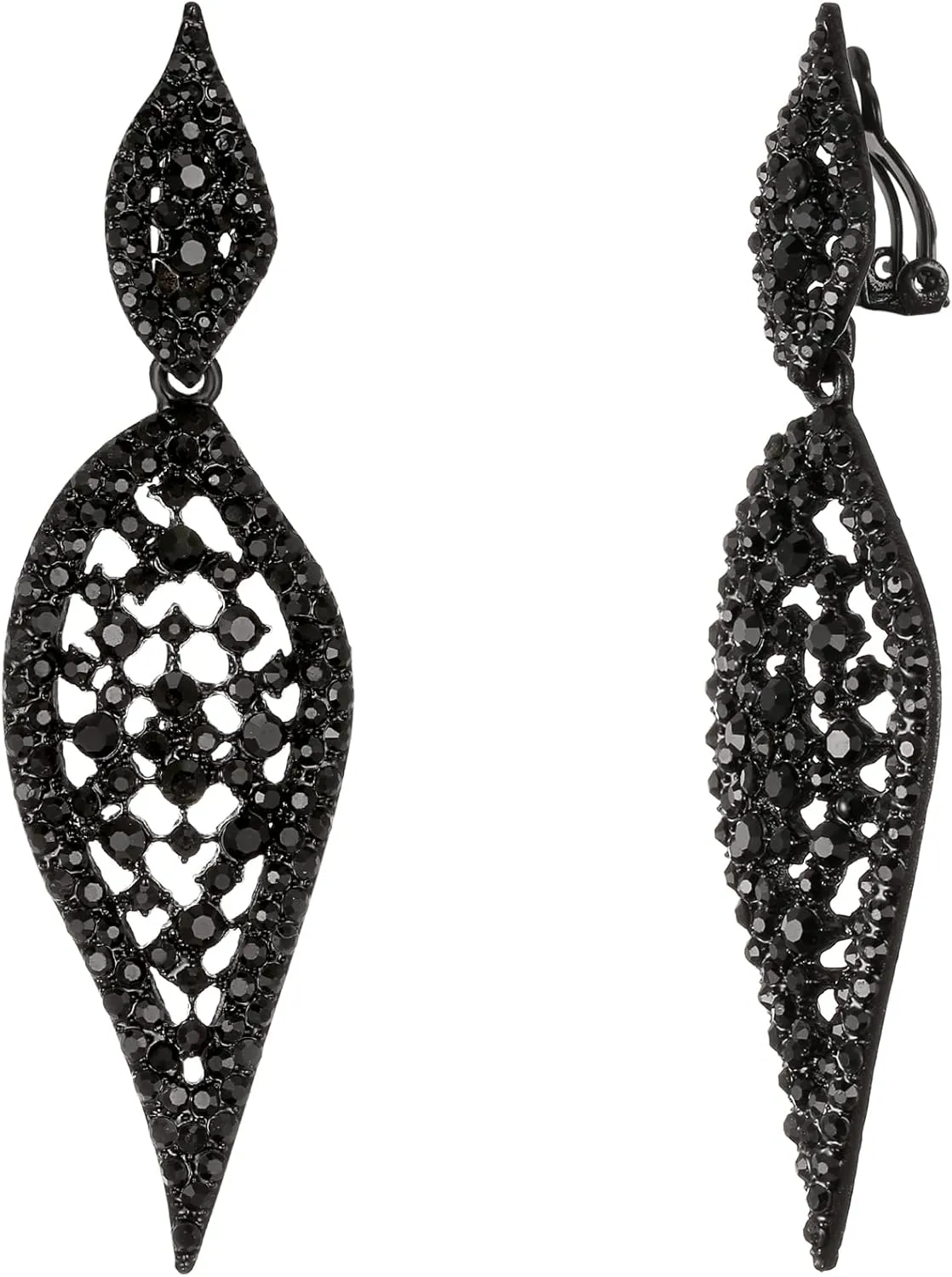 EVER FAITH Sparkly 2 Leaf Drop Hollow-out Crystal Chandelier Earrings Vintage Art Deco Dangle Cilp-on Earring for Women Black Black-Tone