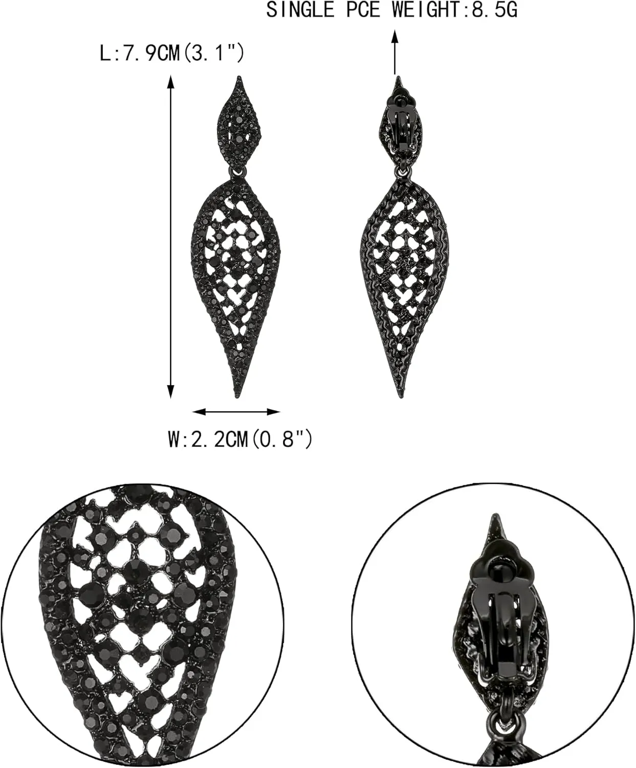 EVER FAITH Sparkly 2 Leaf Drop Hollow-out Crystal Chandelier Earrings Vintage Art Deco Dangle Cilp-on Earring for Women Black Black-Tone