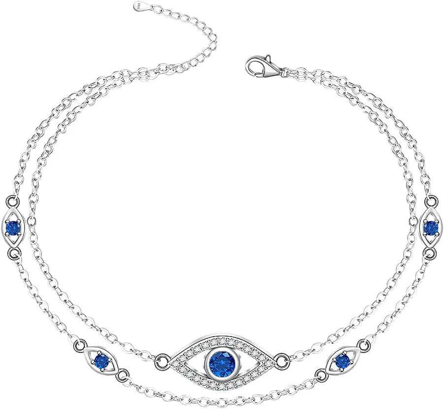 Evil Eye Anklet Sterling Silver Layered for Women Ankle Bracelets Turkish Blue Eyes Protection Chain Jewelry