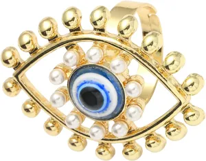Evil Eye Statement Ring for Women Gold Plated Imitation Pearl Adjustable Open Band Finger Rings Birthday Party Jewelry Gift