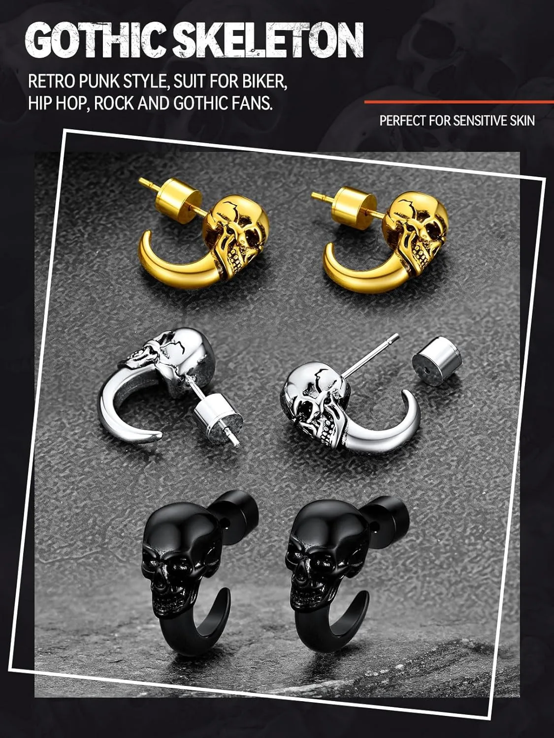 FaithHeart Skull Hoop Earrings for Men Silver/Black/Gold Stainless Steel Huggie Hoop Earrings Lightweight Hypoallergenic Earrings for Sensitive Ears