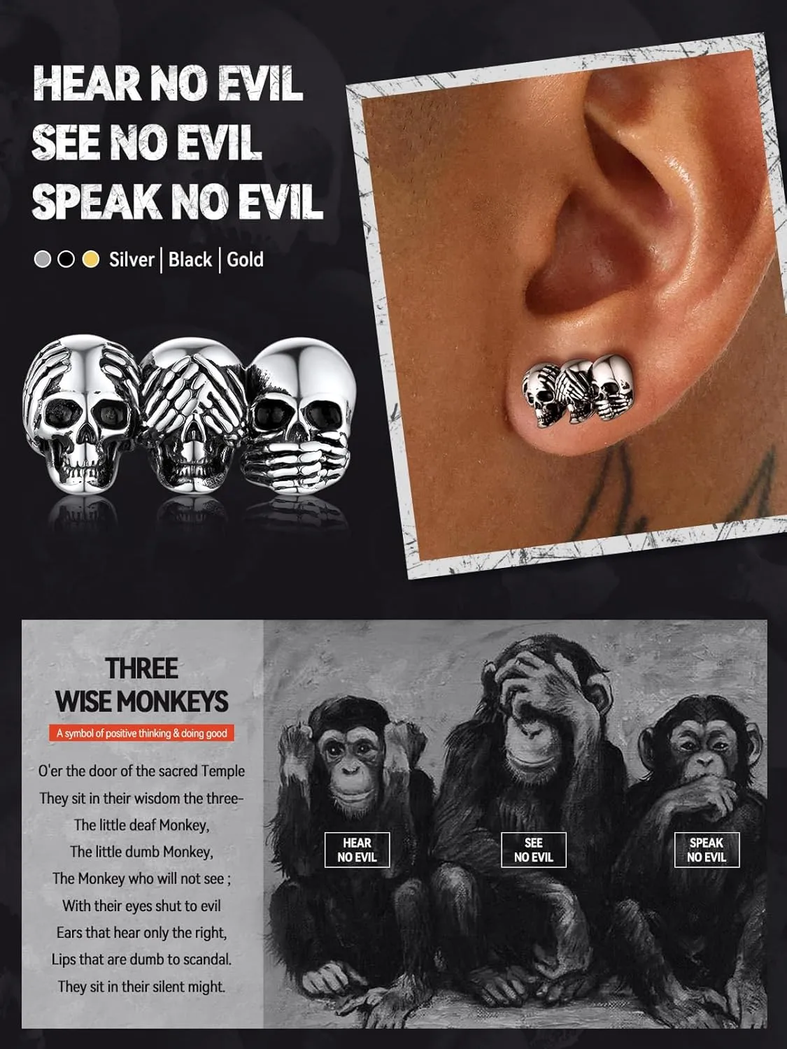 FaithHeart Skull Hoop Earrings for Men Silver/Black/Gold Stainless Steel Huggie Hoop Earrings Lightweight Hypoallergenic Earrings for Sensitive Ears