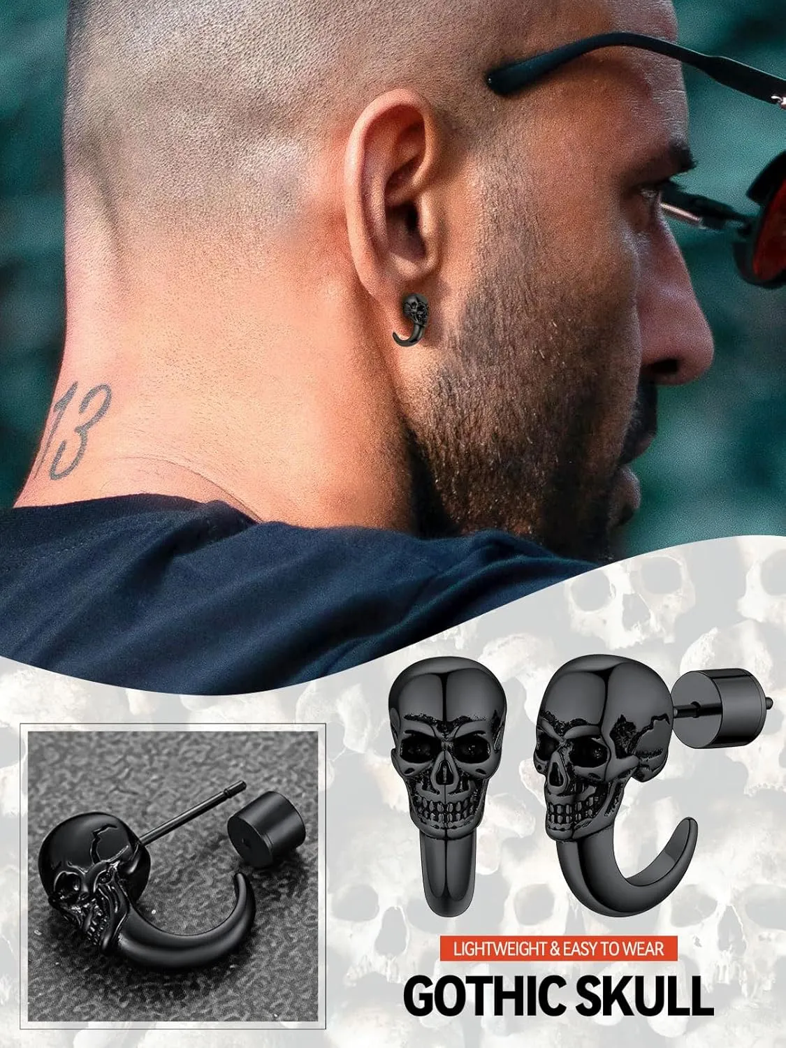 FaithHeart Skull Hoop Earrings for Men Silver/Black/Gold Stainless Steel Huggie Hoop Earrings Lightweight Hypoallergenic Earrings for Sensitive Ears