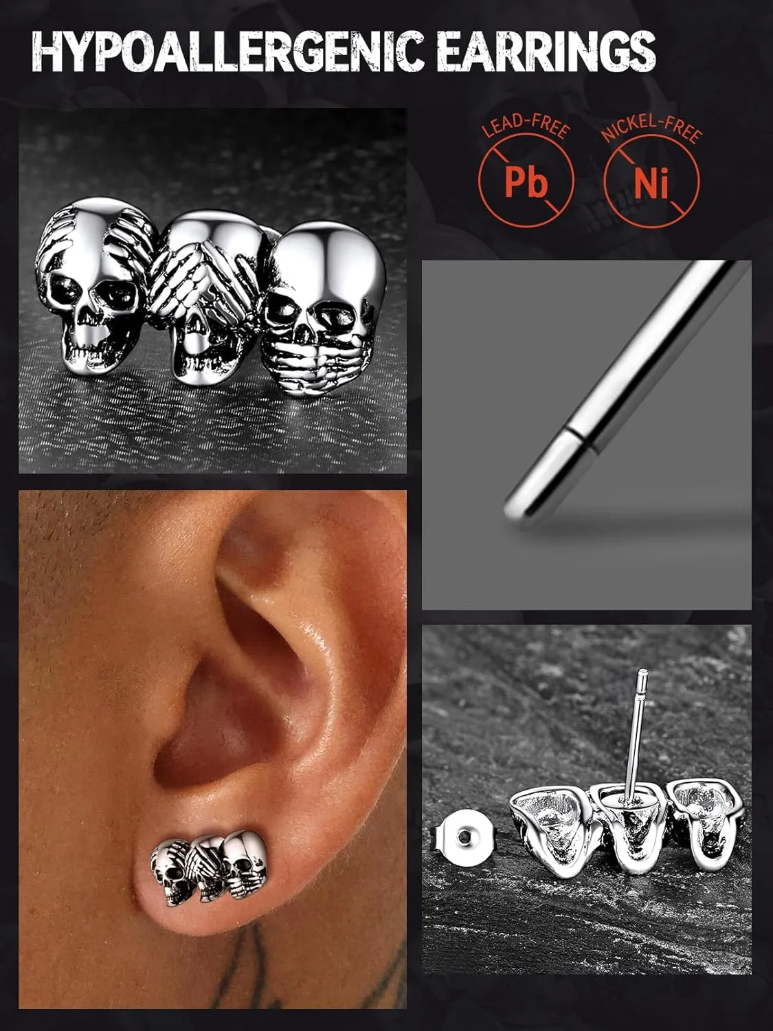 FaithHeart Skull Hoop Earrings for Men Silver/Black/Gold Stainless Steel Huggie Hoop Earrings Lightweight Hypoallergenic Earrings for Sensitive Ears
