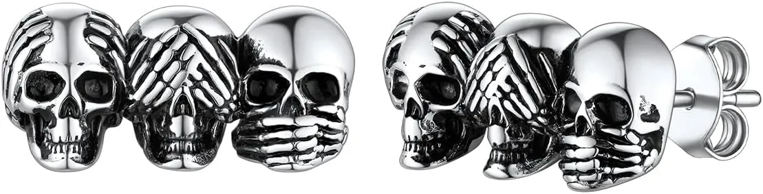 FaithHeart Skull Hoop Earrings for Men Silver/Black/Gold Stainless Steel Huggie Hoop Earrings Lightweight Hypoallergenic Earrings for Sensitive Ears